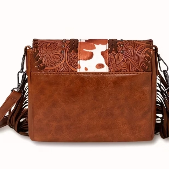 NEW! Brown Animal Print Boho White Cowgirl Fringe Leather Gift Crossbody Bag - Picture 2 of 5